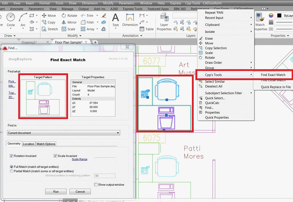 Find Exact Match dialog in dwgExplore for AutoCAD.